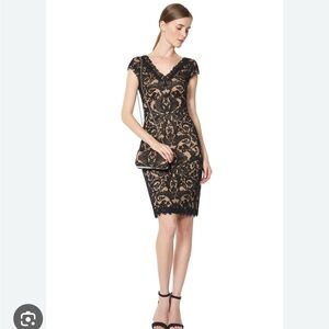 Tadashi shoji CORDED EMBROIDERY ON TULLE CAP SLEEVE DRESS black EUC size 4